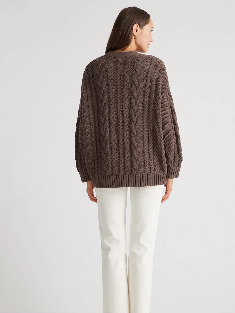 Quince 100% Organic Cotton Oversized Cable Knit Cardigan Heather Brown Large - Picture 14 of 16